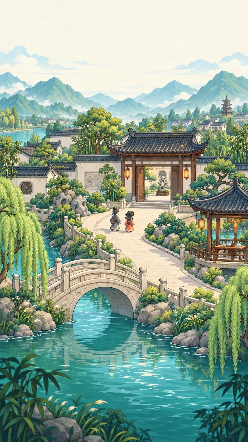 青山环抱的蜀地庭院与石桥